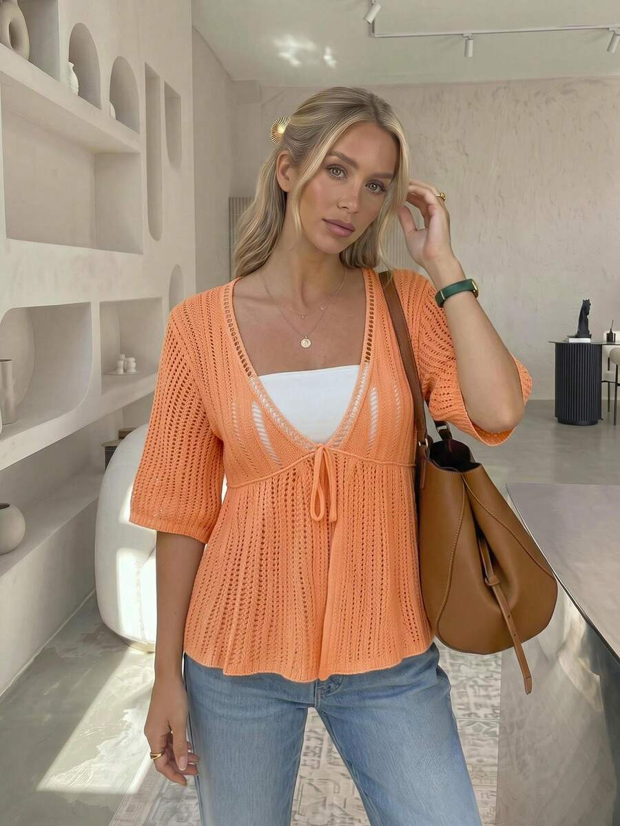 Women's Summer Loose Hollow Out Lace-Up Knitted Cardigan Short Sleeve Crochet Mesh Sheer Sunscreen Top - Coral Pink - View 1