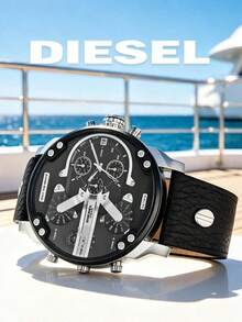Diesel Mega Chief Multi-Time Zone Chronograph - Silver Case, Black Leather, 3 BAR, Men's Watch + Free Gift Set - Black - View 4