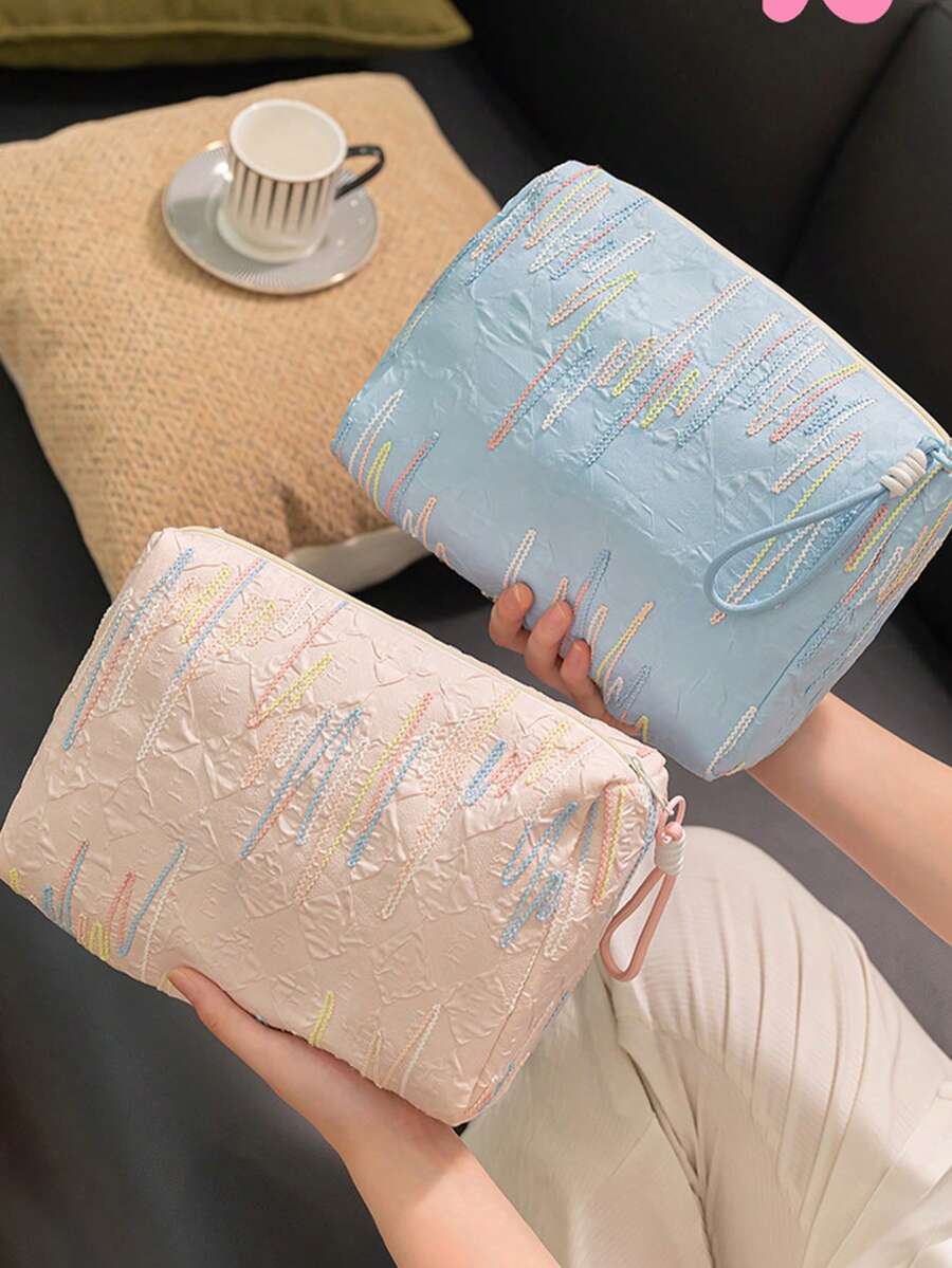 Colorful Pleated Makeup Bag, Large Capacity Textured Handheld Storage Bag With Elastic Wrist Strap, Portable, Girly Color Scheme, Cosmetic Travel Organizer, Multi-Functional Travel Storage