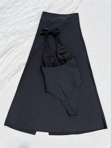 SwimNova Sexy Style Black Halter One-Piece Swimwear For Women With Long Skirt, Vacation Style Bikini - Black - View 3