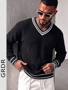 Men's Autumn/Winter V-Neck Casual Minimalist Colorblock Sweater - Black - View 2