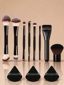 11/8/3pcs Professional Black Makeup Brush Set (Includes 3 Triangle Powder Puffs), Soft Synthetic Fiber Bristles, Multi-Functional Face And Eye Makeup Tool Set, Suitable For Foundation, Blush, Eyeshadow And Contouring - Black - View 8