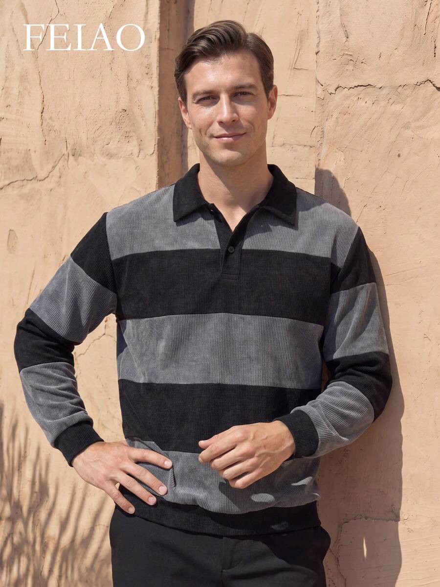 FEIAO Men's Vintage "Old Money Style" Striped Button-Up Long Sleeve Shirt: Corduroy Material, Suitable For Commuting And Casual Wear, All-Season Versatile - Multicolor - View 1