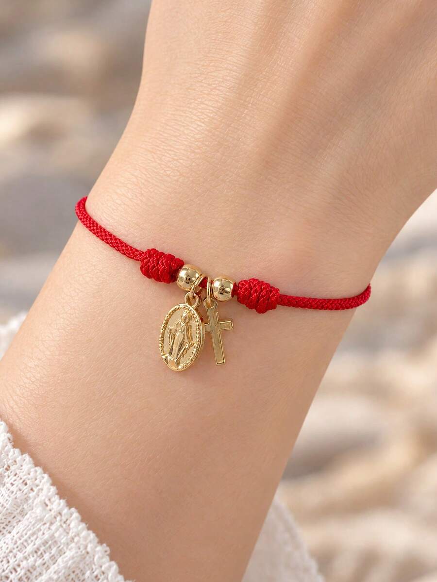 Minimalist Fashion Cross Copper Bead Bracelet, Jesus Pendant Red Mamba Rope Bracelet, Virgin Mary Adjustable Bracelet, Easter Card, Charm Bracelet - Multicolor - View 1