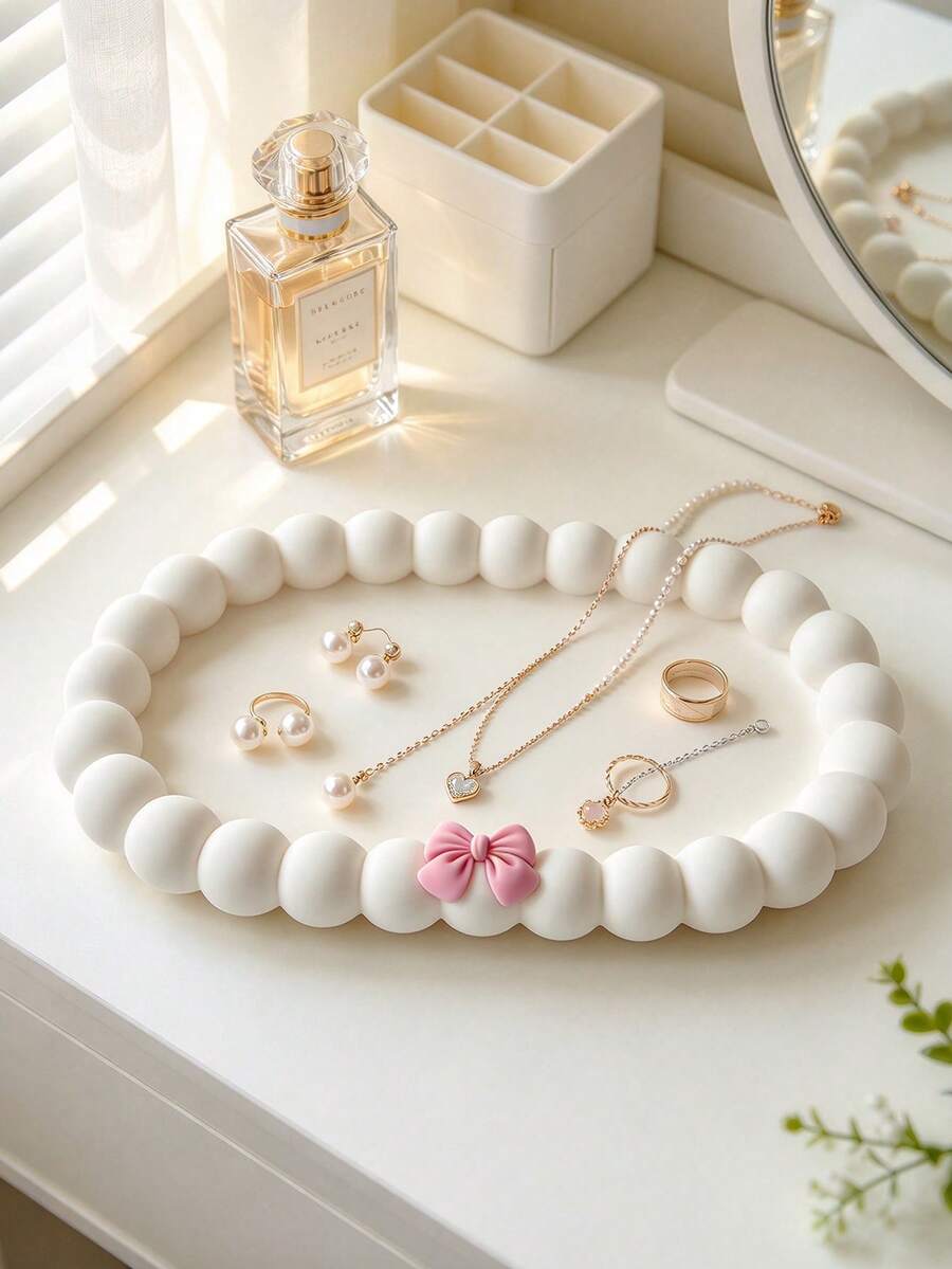 Jewelry Tray White Jewelry Tray Round Bead Decorative Storage Tray Earrings Necklace Ring Storage Box ,Multifunctional Storage Tray,Display Rack High Color Dresser Ornaments Home Display Tray Ladies Gift Home Ornaments - Multicolor - View 1