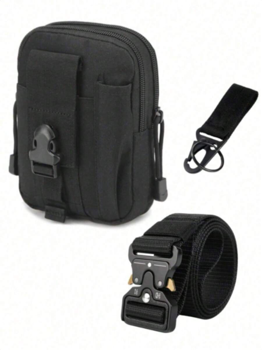 3pcs Men Outdoor Tactical Gear Set, Heavy‑Duty Nylon Belt + Multi‑Function Waist Pack + Key Hook For Camping Travel - Multicolor - View 1