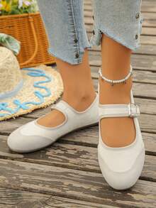 1 Pair Colorblock Patchwork Preppy Style Buckle Vintage Ballet Home Slippers, Suitable For All Seasons - Beige - View 5