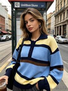 Sweater Pullover Rajut Wanita Kerah Polo Kancing Colorblock Musim Gugur/Dingin, Atasan Lengan Panjang Longgar Gaya Kasual Santai Preppy - Biru - View 2