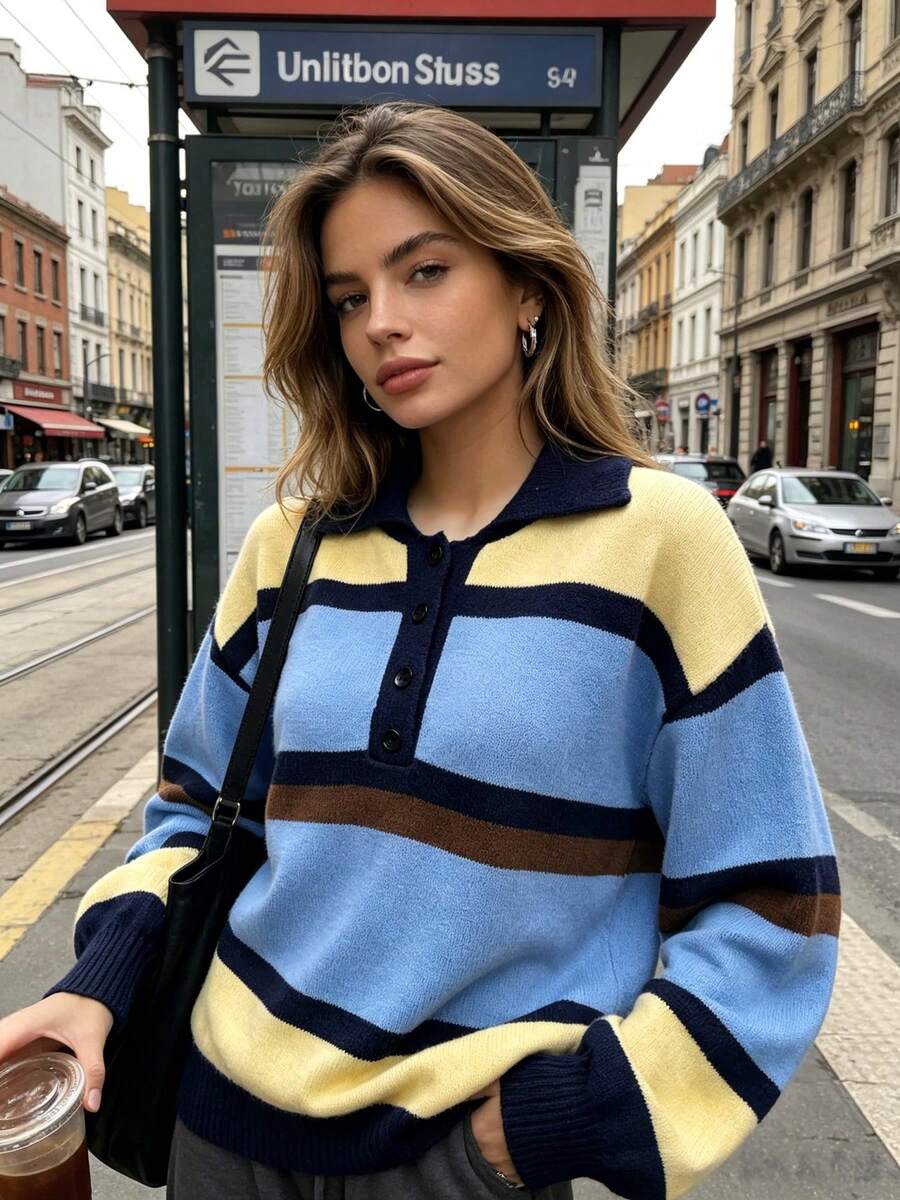 Sweater Pullover Rajut Wanita Kerah Polo Kancing Colorblock Musim Gugur/Dingin, Atasan Lengan Panjang Longgar Gaya Kasual Santai Preppy