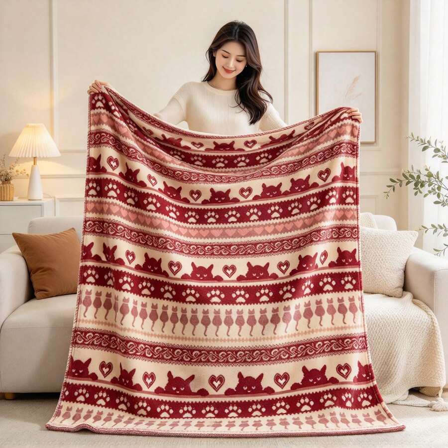 1 st vinröd och cremevitrandig flanellpläd med kattass och hjärtprint, retro tecknad sofffilttäcke - Multifärgad - Visa 1