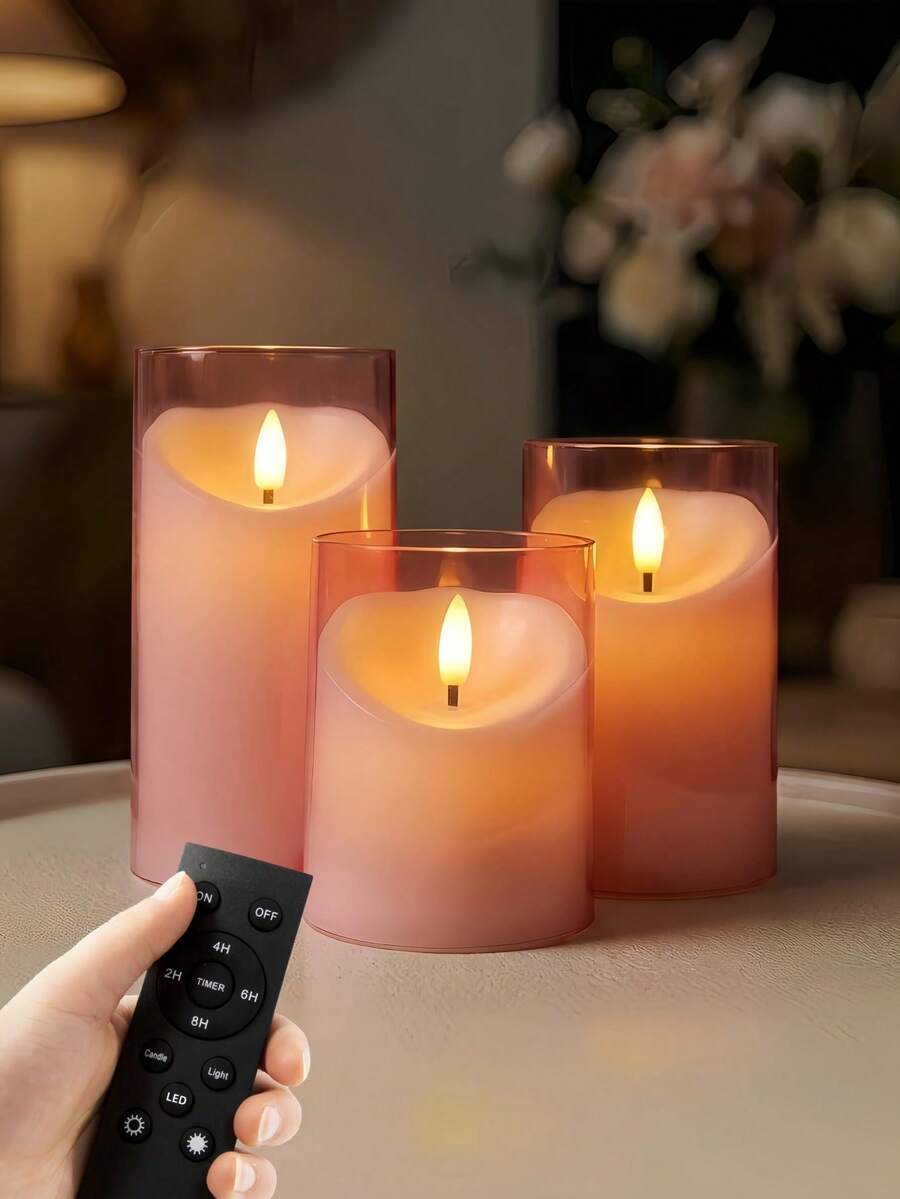 1/2/3件組 粉色無焰LED柱狀蠟燭,電池供電,附遙控器與定時功能,適用於居家、婚禮、花園、桌面中心裝飾、情人節、聖誕節、派對裝飾(粉色,3英吋 x 4英吋 5英吋 6英吋) - 粉紅色 - 查看 1