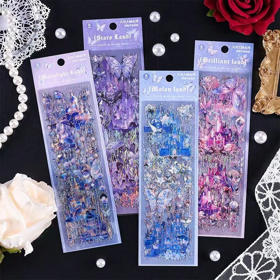 1Pack 6 Sheets Fantasy Castle Butterfly PET Stickers, Holographic Laser Transparent Die-Cut Stickers, DIY Scrapbooking Journal Planner Guka Phone Case Decorative Sticker - one-size - View 1