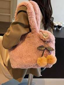 1pc Autumn/Winter Plush Shoulder Bag, Large Capacity Handbag, Cute Cherry Charm Fluffy Tote, Versatile Daily Commute Underarm Bag - Multicolor - View 10