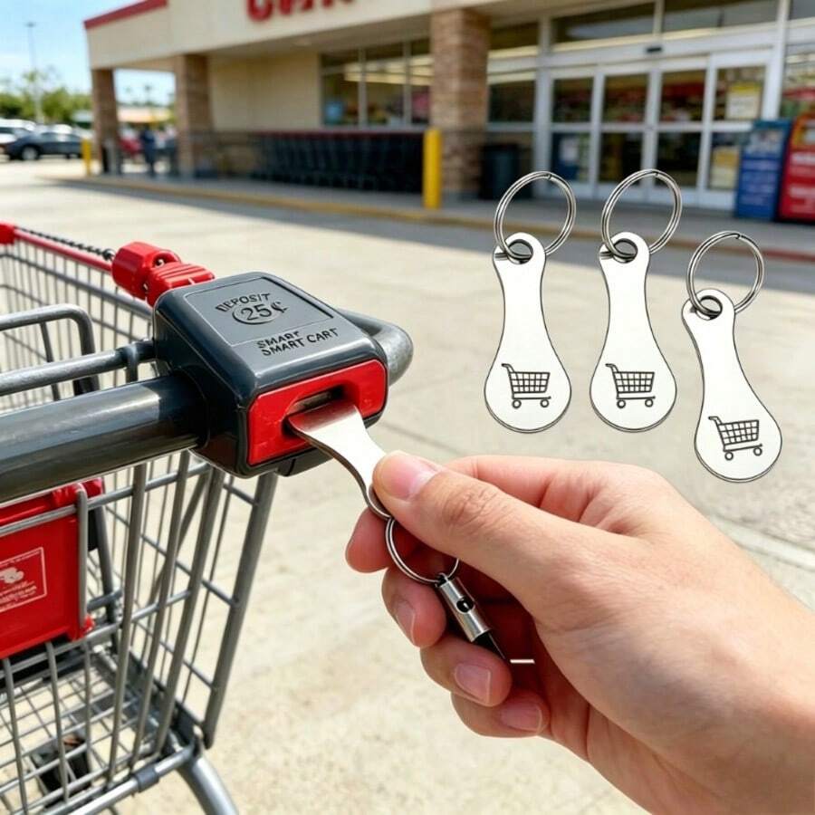 5/10pcs Stainless Steel Shopping Cart Keychain Set, Custom Supermarket Anti-Loss Tags, Personalized Shopping Cart Tokens With Key Rings, Shopping Cart Logo Pattern, Classic Fashion Easy Style, Unisex, Daily Wear, Grocery Shopping Accessories - Thickened Upgraded Version - View 1