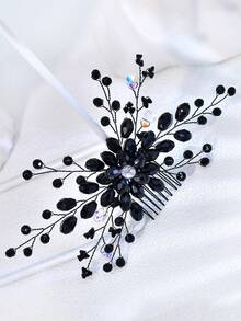 1PC Artificial Crystal Flower Bridal Hair Comb Handmade Beaded Women's Head Wear Suitable For Wedding Holiday Party Hair Accessories - Black - View 6