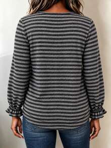 Plus Size Women's Striped Notch Neck Long Sleeve Knit Top, Button Detail And Ruffle Cuffs, Loose Casual Style, Suitable For Autumn/Winter - Black Gray - View 2
