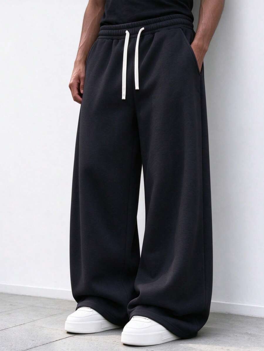 Men's Loose Fit Black Wide Leg Sweatpants, Relaxed Drape Slimming Casual Long Pants With Drawstring Design, Versatile For Daily Commute And Streetwear - Black - View 1