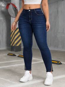 Plus Size Blue Elastic High Waist Long Pants With Slit Hem, Suitable For Autumn/Winter, Perfect For Dating And Commuting - Blue - View 4