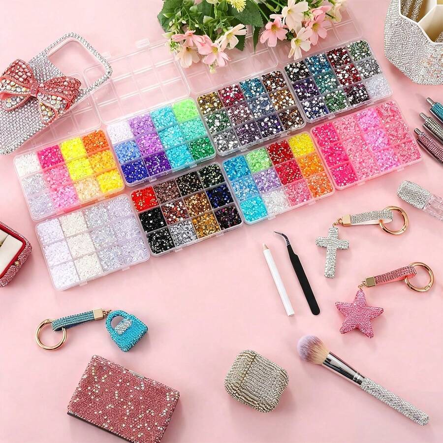 1pc 24-Color Rhinestone Set, 3mm Flat Back Resin Rhinestones, Shiny Rhinestone Decor Set, Suitable For Nail Art, Handicrafts, Clothing, Fabric And Various DIY Decorations - Multicolor - View 1