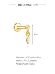 EleRunis 1PC 925 Sterling Silver Marquise Star Flat Back Tragus Conch Cartilage Helix Threaded Piercing Fine Jewelry For Daily Wear Party Anniversary - Gold - View 5