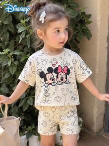 Disney 迪士尼女婴夏季米奇米妮肖像线条艺术印花短袖T恤和短裤套装，可爱休闲假日装，浅色豹纹弹力腰短裤，户外服装 - 杏色 - 查看 2