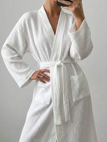 Women's Summer Robe, 100% Cotton, Casual Loungewear, Loose And Comfortable, With Pockets And Belt, Comfortable Set, Suitable For Summer, Autumn, And Winter - White - View 6
