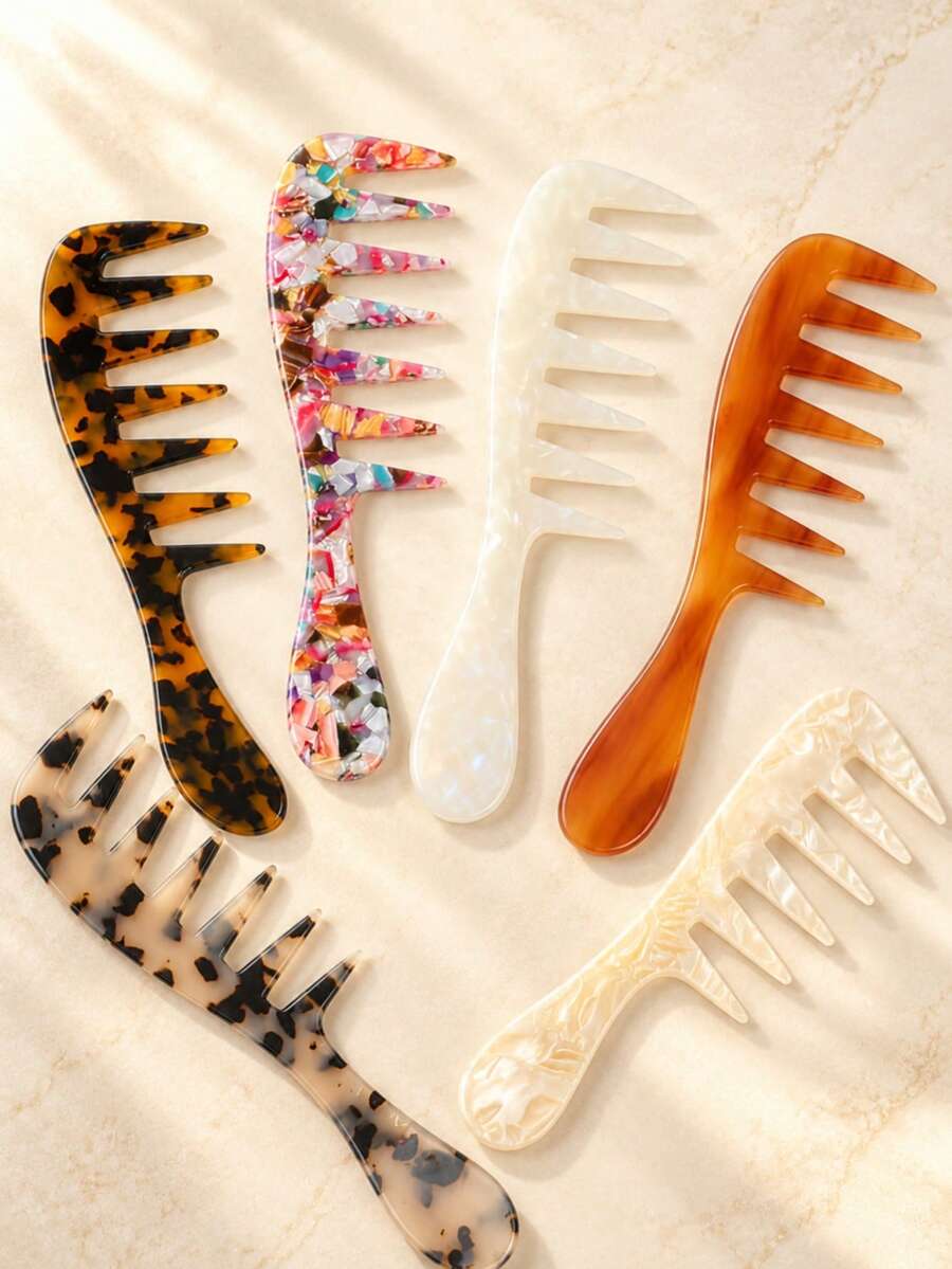 1pc Fashion Minimalist Acrylic Marble Leopard Print Wide Tooth Long Handle Anti-Static Lightweight Portable Hair Comb, Hair Accessory - Multicolor - View 1