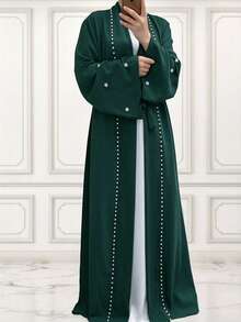 Women's Pearl Beaded Open Front Abaya, Long Flare Sleeve Belted Maxi Outerwear, Elegant Modest Long Robe - Multicolor - View 8