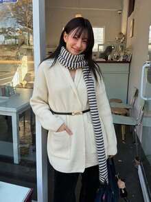 Elegant Women's Ribbed V-Neck Cardigan Sweater, Belted With Pockets, Long Sleeve Knit Outerwear For Autumn - Apricot - View 3