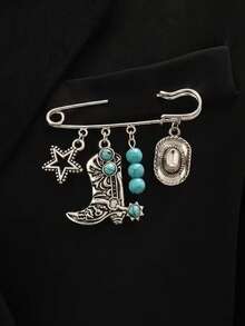 1pc Vintage Western Cowboy Style Denim Hat Decoration, With Five-Pointed Star Faux Turquoise Pendant Brooch, Suitable As Denim Jacket Accessory Pin, Unisex, Fashionable And Versatile, Holiday Gift - Multicolor - View 1
