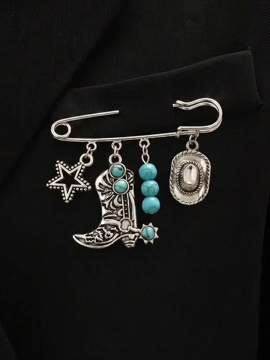 1pc Vintage Western Cowboy Style Denim Hat Decoration, With Five-Pointed Star Faux Turquoise Pendant Brooch, Suitable As Denim Jacket Accessory Pin, Unisex, Fashionable And Versatile, Holiday Gift - Multicolor - View 1