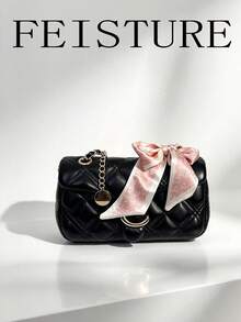 FEISTURE 1pc Quilted Embroidered Women's Chain Shoulder Bag, Scarf Decor Flap Small Square Bag, Suitable For Girls, Women, College Students, New Professionals And White-Collar Workers, Perfect For Work, Business, Commute, School - Black - View 4