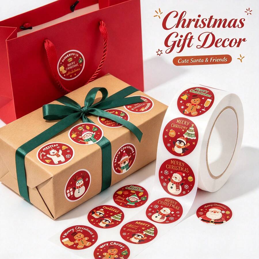 500 piezas de pegatinas redondas en rollo navideñas, calcomanías autoadhesivas lindas de Papá Noel, muñeco de nieve, pingüino y reno para regalos, sobres, álbumes de recortes y decoración navideña - 500 unidades/rollo - Ver 1