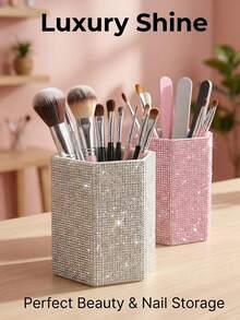 Luxury Rhinestone Makeup Brush Holder Pen Storage Box, Hexagonal Rhinestone Desktop Creative Storage Box, Sparkling Makeup Tool Storage Box, Large Capacity Multi-Functional Storage Cylinder, Fashionable Desktop Storage, Can Store Lipstick, Eyebrow Pencil, Nail Art Tools, Makeup Brushes, Stationery Pencils And Various Makeup Tools, Suitable For Bedroom Vanity, Bathroom, Makeup Room Desktop, Office And Dormitory Decoration, Home Decor Item - Multicolor - View 1