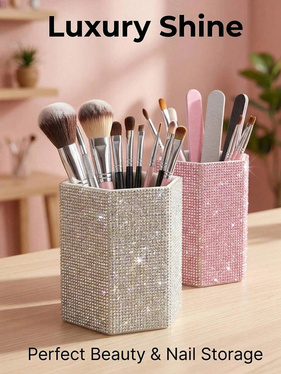 Luxury Rhinestone Makeup Brush Holder Pen Storage Box, Hexagonal Rhinestone Desktop Creative Storage Box, Sparkling Makeup Tool Storage Box, Large Capacity Multi-Functional Storage Cylinder, Fashionable Desktop Storage, Can Store Lipstick, Eyebrow Pencil, Nail Art Tools, Makeup Brushes, Stationery Pencils And Various Makeup Tools, Suitable For Bedroom Vanity, Bathroom, Makeup Room Desktop, Office And Dormitory Decoration, Home Decor Item - Multicolor - View 1