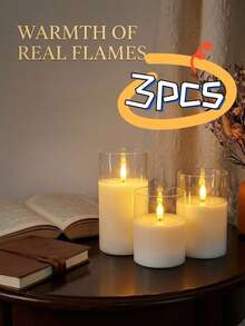 3pcs Electronic Candles, Acrylic LED Pillar Candles, Battery Powered, Optional With Remote Control Or Without Remote Control. 3-Pack, Warm Light Effect, LED Candles, LED Candles With Flame Effect, Suitable As Gift For Boyfriend - White - View 1