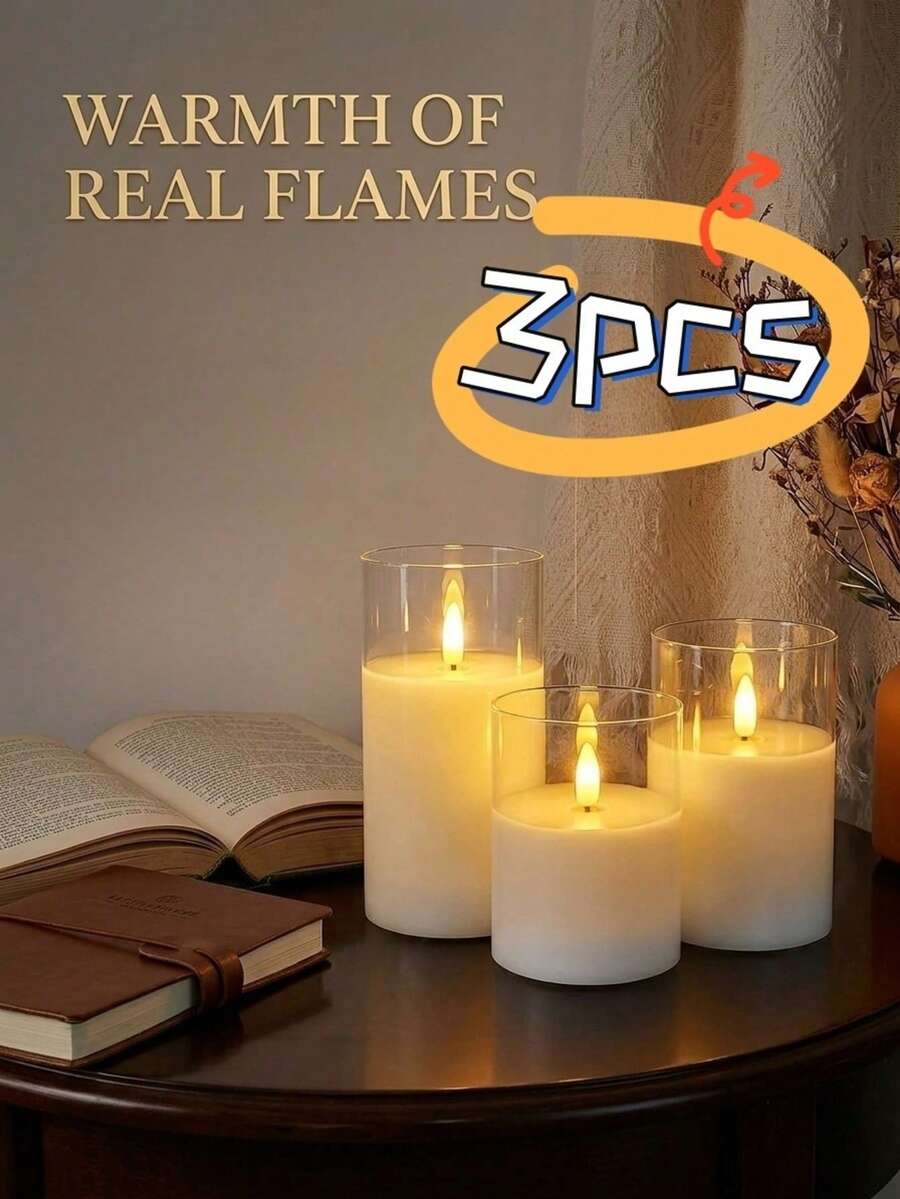 3pcs Electronic Candles, Acrylic LED Pillar Candles, Battery Powered, Optional With Remote Control Or Without Remote Control. 3-Pack, Warm Light Effect, LED Candles, LED Candles With Flame Effect, Suitable As Gift For Boyfriend - White - View 1