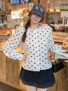 Autumn New Polka Dot Long Sleeve Blouse With Peter Pan Collar, Slimming Waist Design For Women - White - View 5