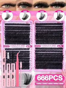 666/720PCS DIY Cluster Lashes Kit, 10D-150D Mixed Volume Individual Lash Clusters, 10-18mm Wispy Fluffy False Eyelashes, Soft Lightweight Flexible Band, Natural To Dramatic Look, Beginner-Friendly At-Home Lash Extensions With Glue, Tweezers & Brush - Pink - View 12