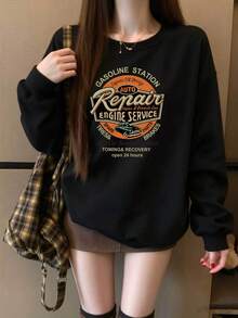 Vintage Stamp Style Round English Slogan "THE DARKNESS IS NO DARKNESS" Print Black Crew Neck Sweatshirt Autumn Top - Black - View 10