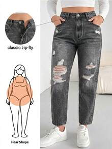 Comfortable Plus Size Slim Fit High Waist Cropped Mom Jeans, Distressed Decor, Pocket Design, Button & Zipper Fly, Suitable For Autumn Casual Wear And Halloween Outfit - Black - View 7