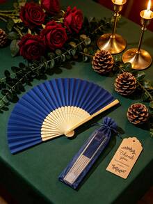 Handmade Paper Folding Fan With Gift Bag And Thank You Card, Bamboo Handheld Folding Fan, Home DIY Office Decor, Wedding Party Baby Shower Party Gift Accessory (Navy Blue) - Navy - View 4