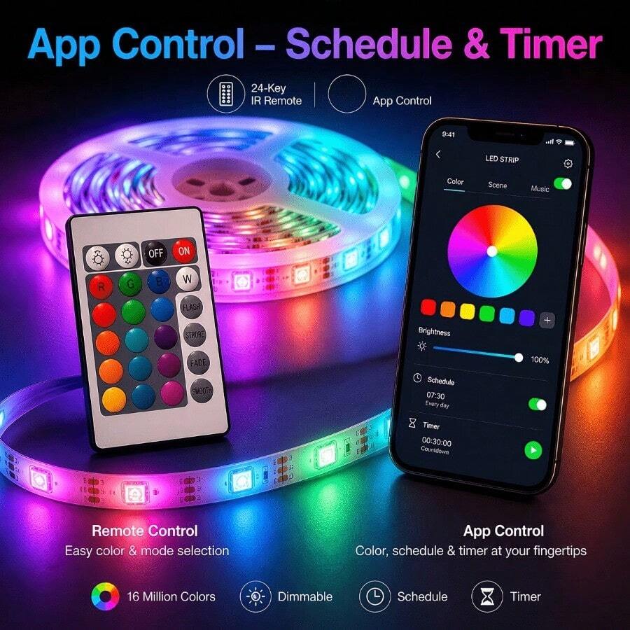 Acosh Neon Smart RGB Flexible LED Strip Lights App & 24 KEY Remote Dual Control Multi Color Changing DIY Ambient Lamp For Bedroom Party Holiday Indoor Home Decoration - APP Control - View 1