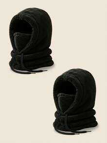 1pc/2pcs Unisex Solid Color Plush Balaclava, Drawstring Windproof Integrated Hood Scarf Face Mask, Thickened Warm Winter Neck Warmer Hat, Suitable For Outdoor Cycling - Multicolor - View 11