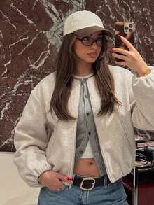 GMFP 女款秋冬休閒優雅時尚寬鬆版型奶油色/米白色韓風圓領拉鍊短款羊毛外套，適合日、假期季節、返校季、世界盃 - 米色 - 查看 5
