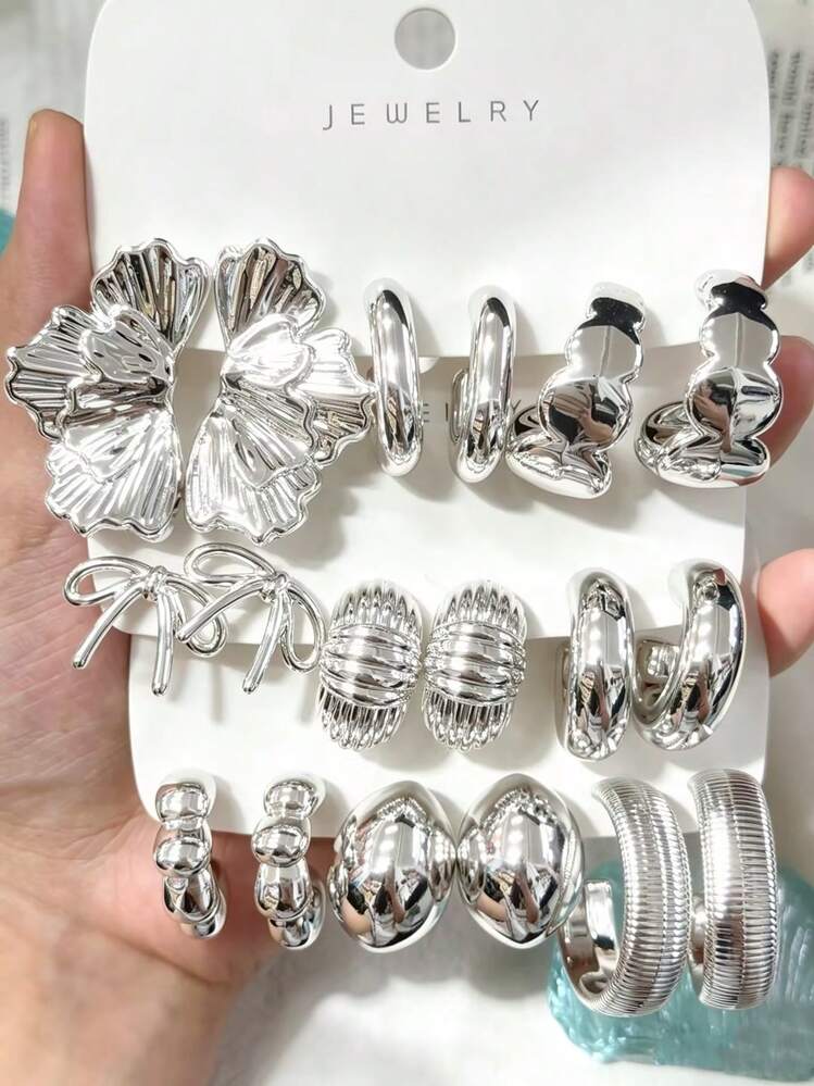 6-18pcs Silver Earrings, Bow, Leaf Left And Right Ear, Textured C, Suitable For Gifts, Daily Wear, Parties, Shopping - Silver - View 1