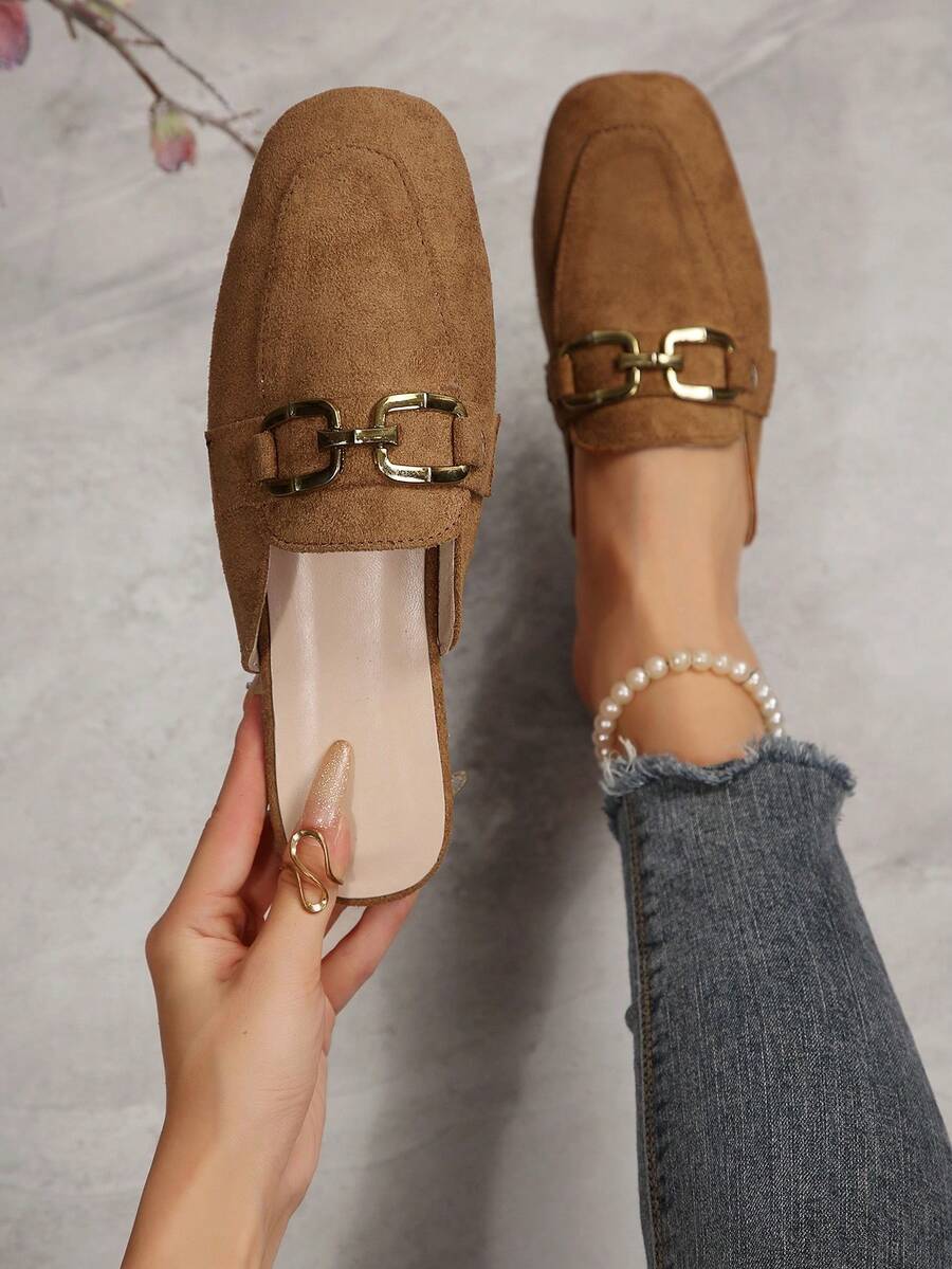 Square Toe Loafers, Elegant Comfortable Flat Shoes With Metal Square Buckle Decor, Slip-On Low Vamp Work Shoes, New Autumn/Spring Slip-On Flat Shoes - Brown - View 1