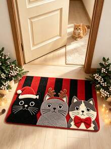 1pc Christmas Red & Black Striped 3 Cats Plush Rug, Christmas Gift Decor Rug, Bedroom Decor, Small Rug, Rug, Home Decor, Living Room Rug, Living Room Small Rug, Bedroom Rug, Living Room Home Decor, Outdoor Rug, Washable Rug - Multicolor - View 2