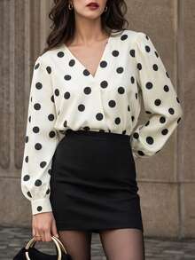 minisummer Women Fall Polka Dot Blouse V‑Neck Puff Long Sleeve Casual Office Work Shirt Top - Apricot - View 10