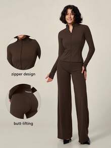 TimeOff Women's One Set Autumn/Winter Solid Color Small Stand Collar Zipper Thumb Hole Side Pocket Jacket & Flared Pants - Coffee Brown - View 11
